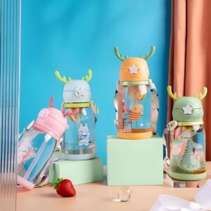 Kids Deer-Themed Straw Water Bottle, 450 ML | BPA-Free, Leak-Proof | With Strap | Ideal for School, Travel & Picnics | Random Color