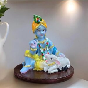 Handcrafted Krishna Idol with Kamdhenu Cow Decorative Showpiece for Pooja & Spiritual Decor