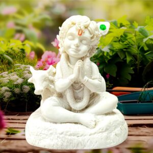 White Handcrafted Bal Krishna Ji Cow Statue | Decorative Showpiece for Pooja